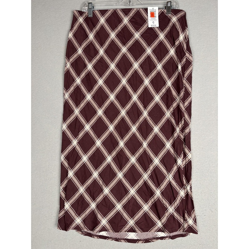Torrid Skirt Womens 10 Red Plaid Stretch Challis Pencil Tea Length Midi NWT